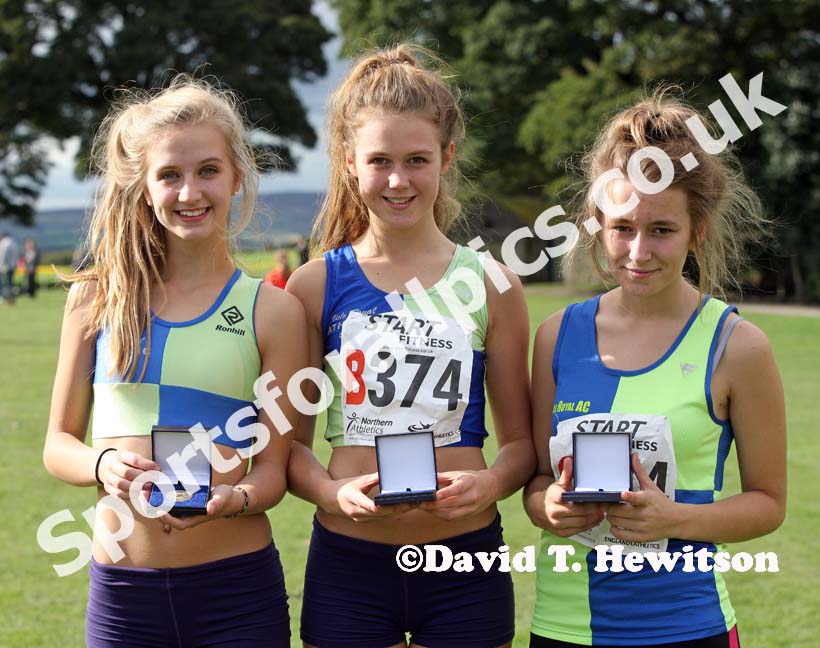 From left to right: Jessica Parsons, Katie Gerrard and Clare Pettitt (Vale Royal) winners of the under-17 womens Northern Cross Country Relays, Graves Park, Sheffield.